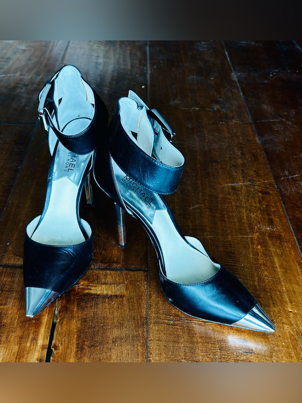 NWOT - Michael Kors Black Leather Pointed-Toe Ankle-Strap Heels with Silver Cap